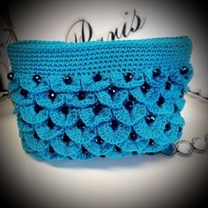 Womens Handmade Teal beaded handbag with Black Beads New